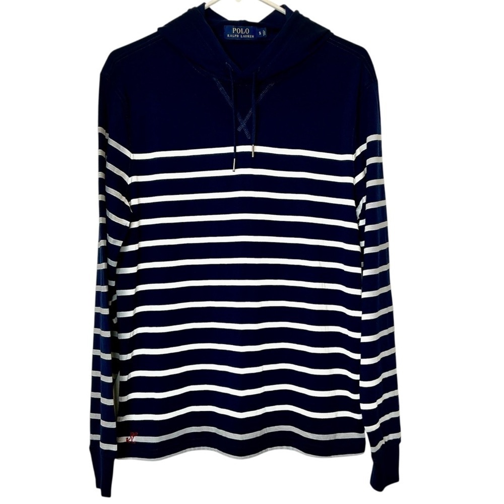 Polo by Ralph Lauren Men's Blue and White Striped Pullover Shirt Hoodie Nautical